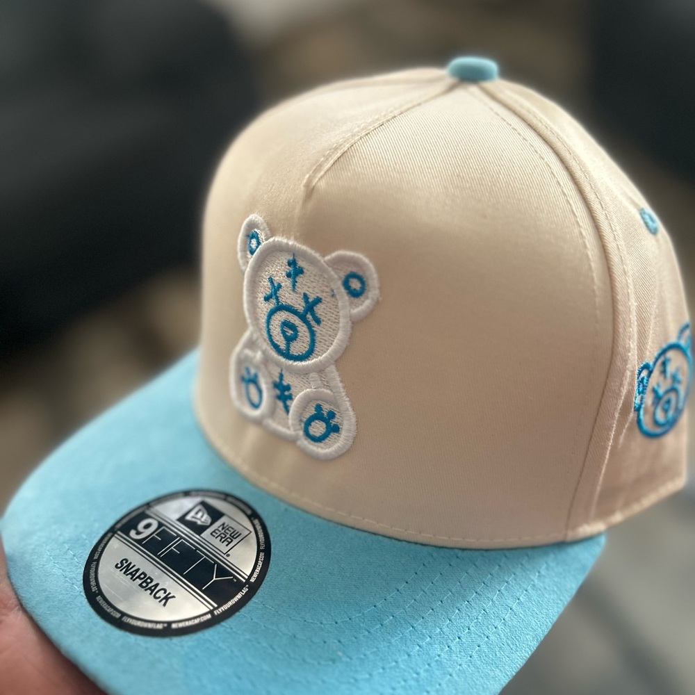 Cream and Blue Snapback Cap with Bear Design